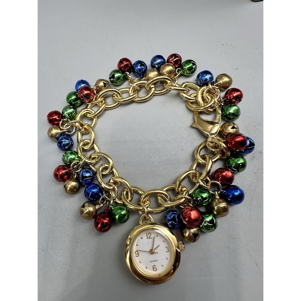 Jingle Bell Cha Cha Womens Bracelet Watch 22mm Gold Tone Holiday New Battery 8"